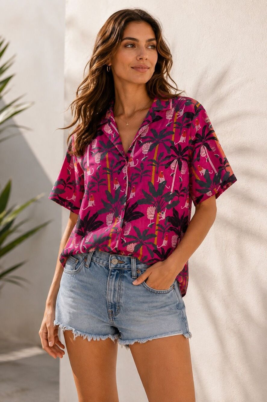 MONOPRIX FEMME FRENCH COTTON TROPICAL PRINT SHIRT SIZE US 4 EU 36